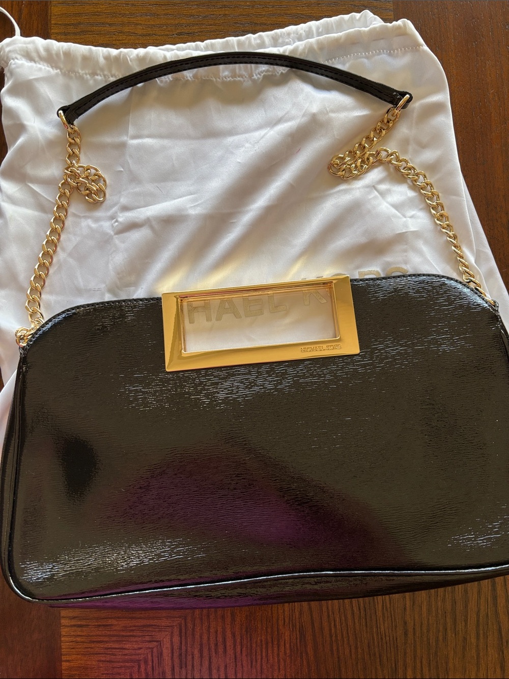 Michael Kors Black Patent Leather Shoulder Bag with Gold Chain Trim
